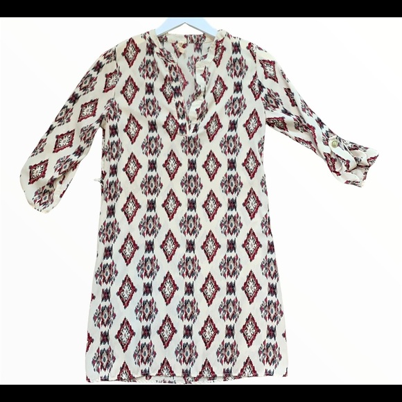 MY BELOVED Boho V Cut Geo Diamond Print Tunic Dress With V Cut Ivory/Red Medium - Picture 9 of 10